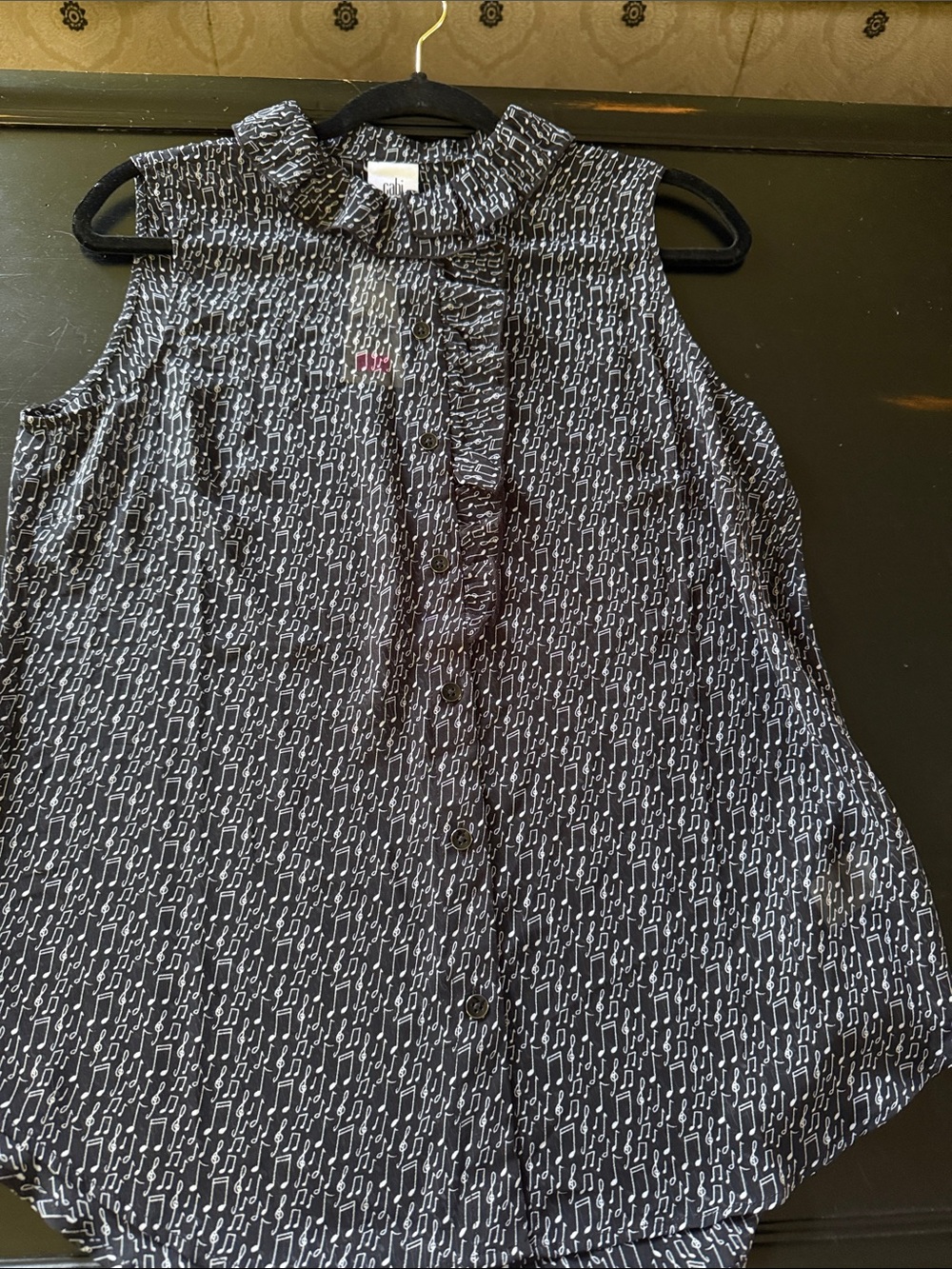 CAbi Black and White Sleeveless Ruffle-Front Button Blouse style -# 5913
